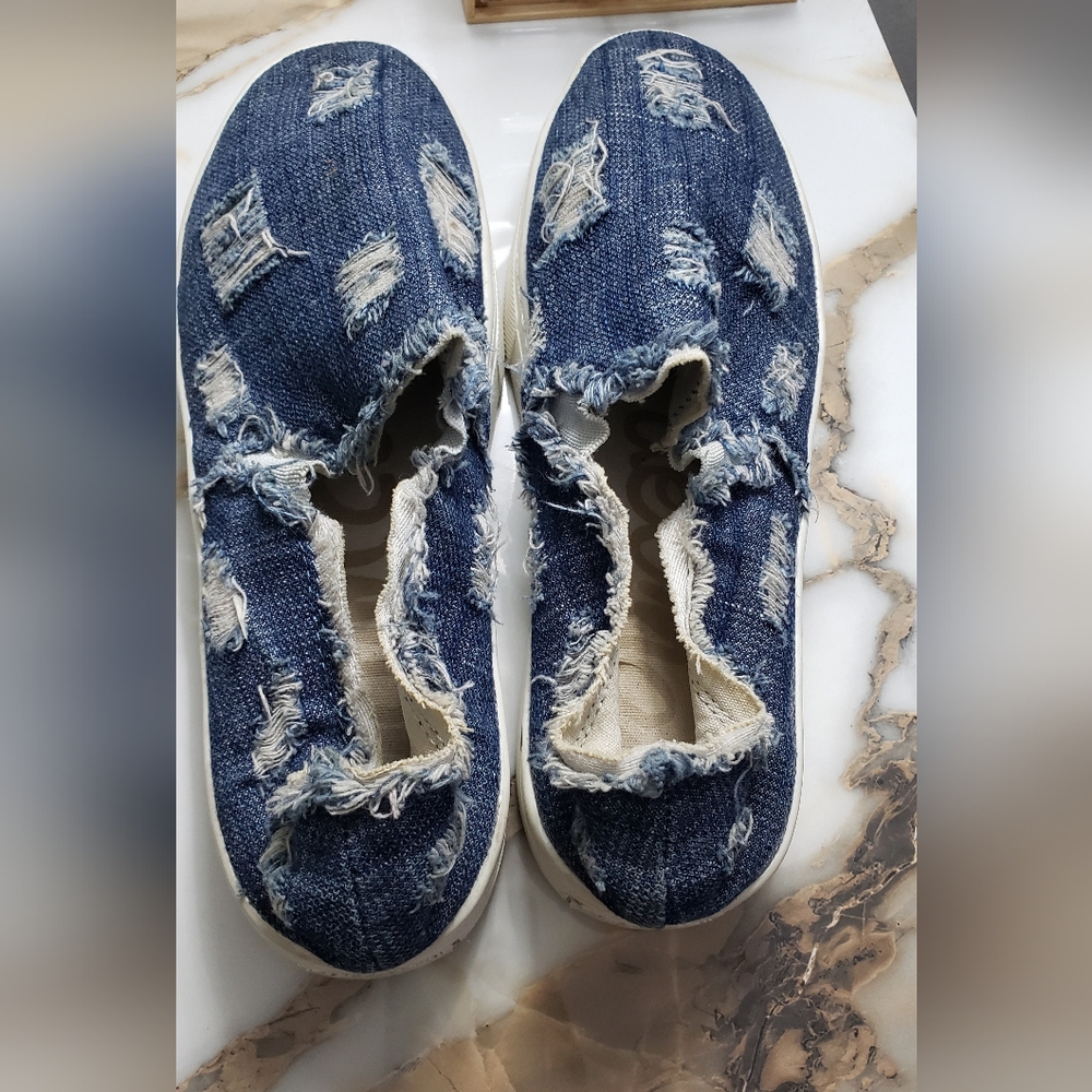 Sam Edelman Lacey Blue Denim Jeans Distressed Slip On Platform Shoes Size 6m - Picture 5 of 10